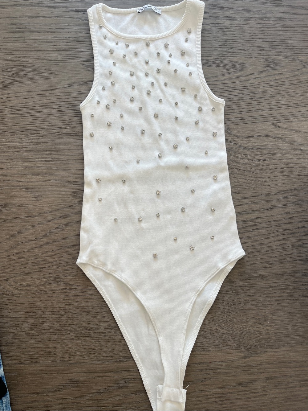 Zara White Sleeveless Embellished Ribbed Bodysuit